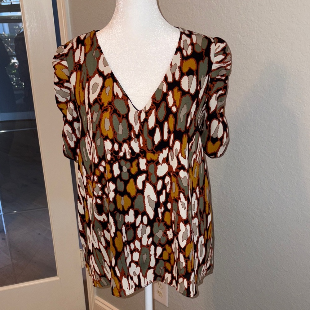 Adrienne Brown and Green Patterned Blouse